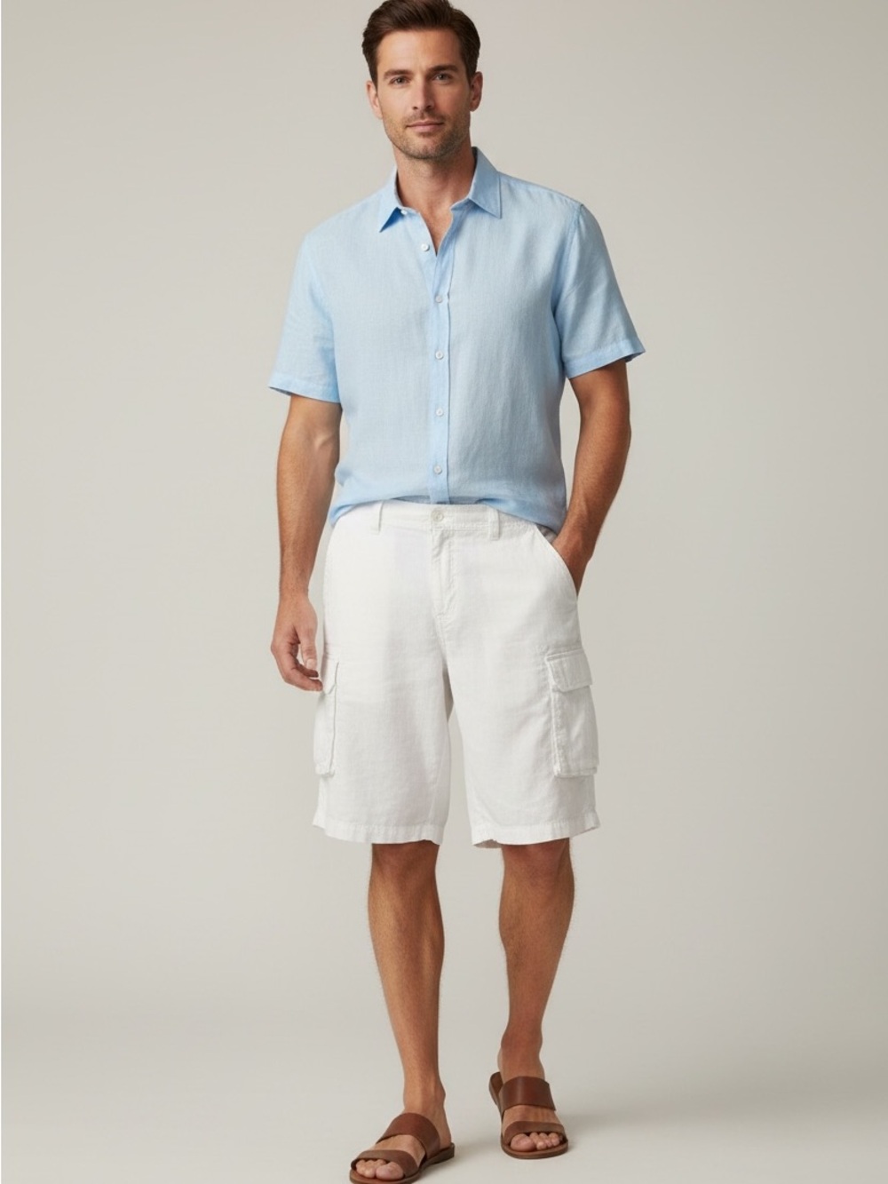 100% Linen Cargo Shorts White Size 32 Casual Lightweight Summer Coastal Resort